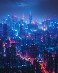 Fototapeta premium Futuristic city skyline illuminated with interconnected 5G network nodes