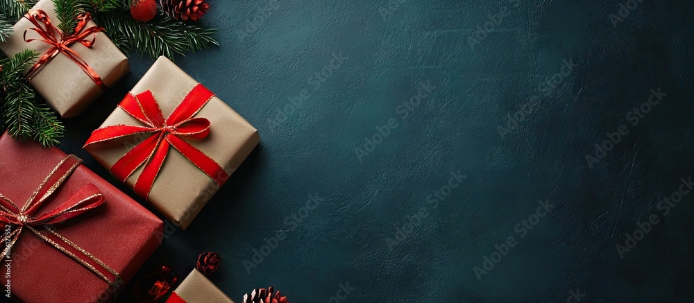 Leinwandbilder flat lay background of wrapped holiday gifts. with copy space image. place for adding text or design
