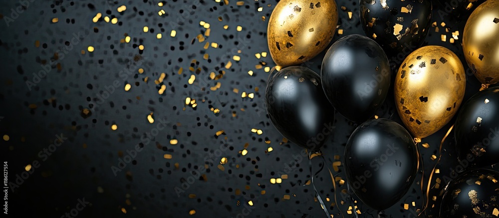 Poster Birthday party backdrop Gold and black colors Flat lay top view. with copy space image. Place for adding text or design