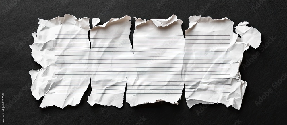 Poster set torn pieces of paper on a solitary black background shredded lined notebook paper. with copy spa