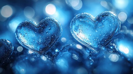 Fototapeta premium Blue ice hearts with bubbles and a shimmering background.