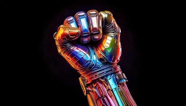 fighting: colorful glowing neon robot hand holding fist, dark background