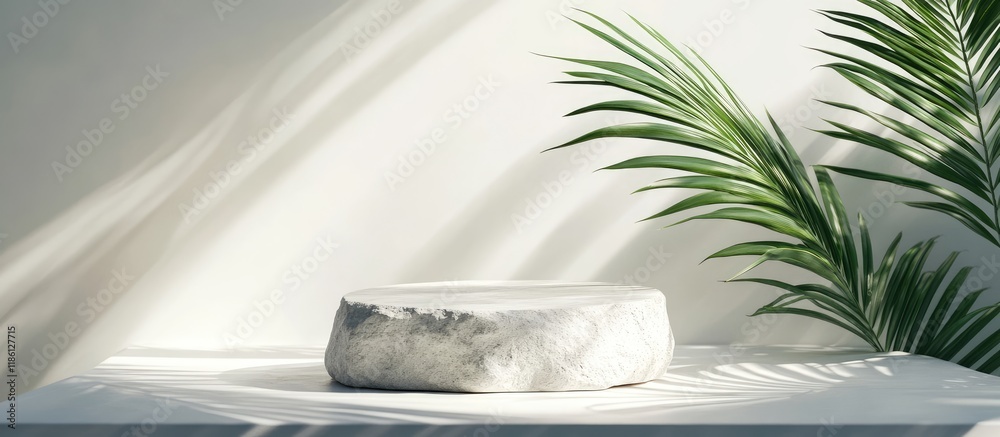 Aufkleber Minimal abstract empty round slate rock podium on a white table surface background featuring shadows of tropical leaves Luxury backdrop showcase for cosmetics or skincare display