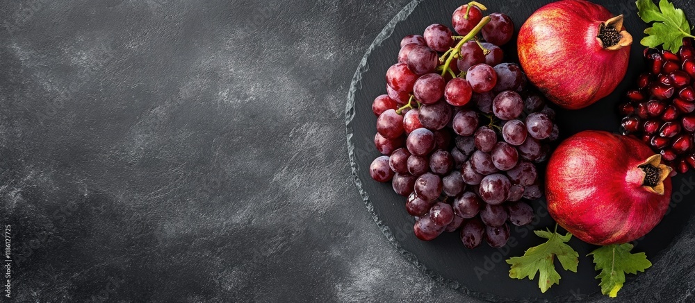 Poster grapes and pomegranate on a black slate plate with copyspace