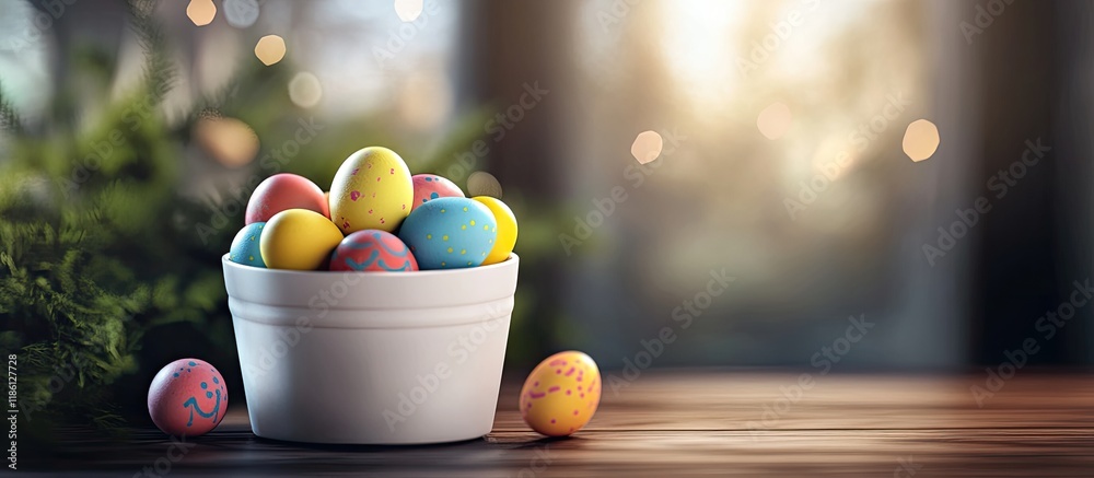 Aufkleber Easter still life featuring Easter eggs Easter eggs in a white container Easter greeting card. with copy space image. Place for adding text or design