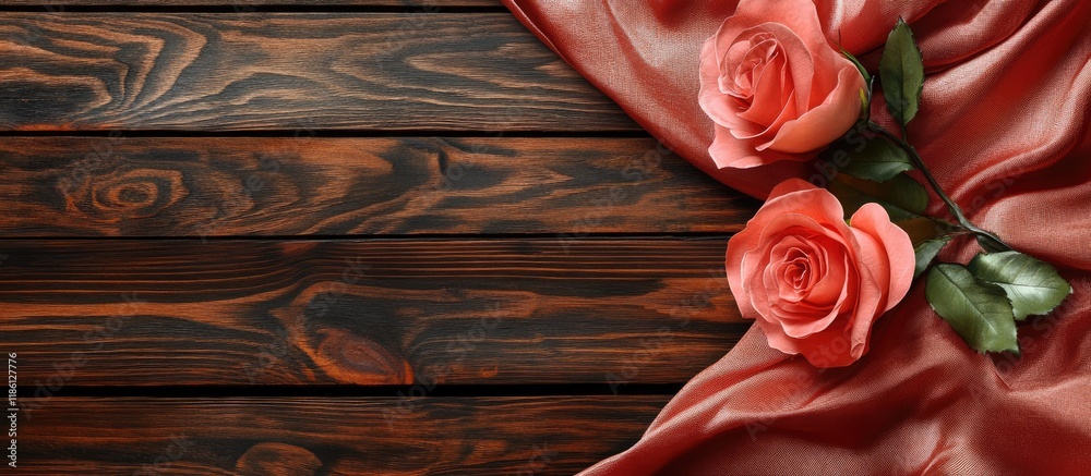 Poster rose fabric on a wooden background love theme for valentine s day. with copy space image. place for 