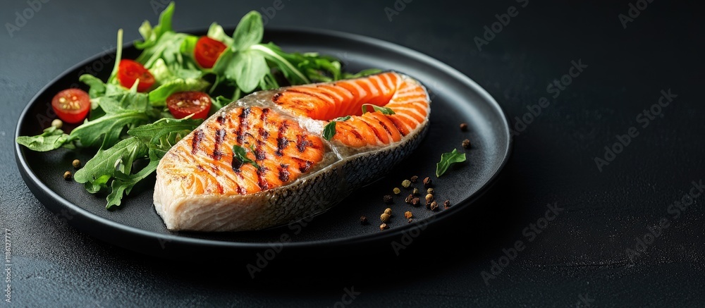 Aufkleber Grilled salmon steak accompanied by salad. with copy space image. Place for adding text or design
