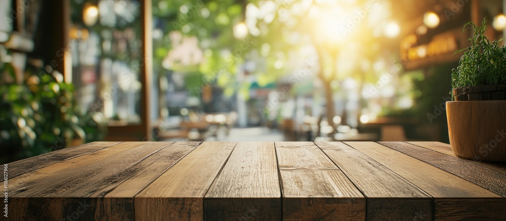Poster Pattern dot pixelation image of a vacant wooden table and a blurred coffee shop background with bokeh. with copy space image. Place for adding text or design