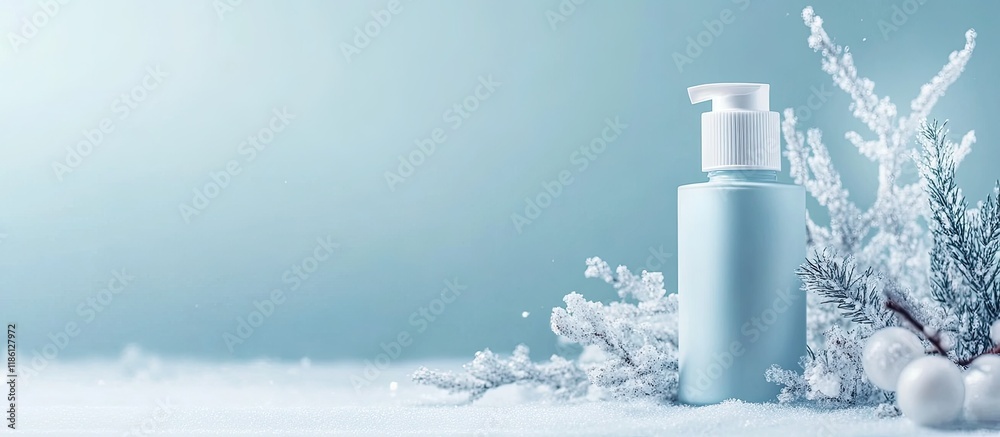Poster Winter care cosmetics on a colored backdrop space for text insertion minimalistic design Skin care skin hydration. with copy space image. Place for adding text or design