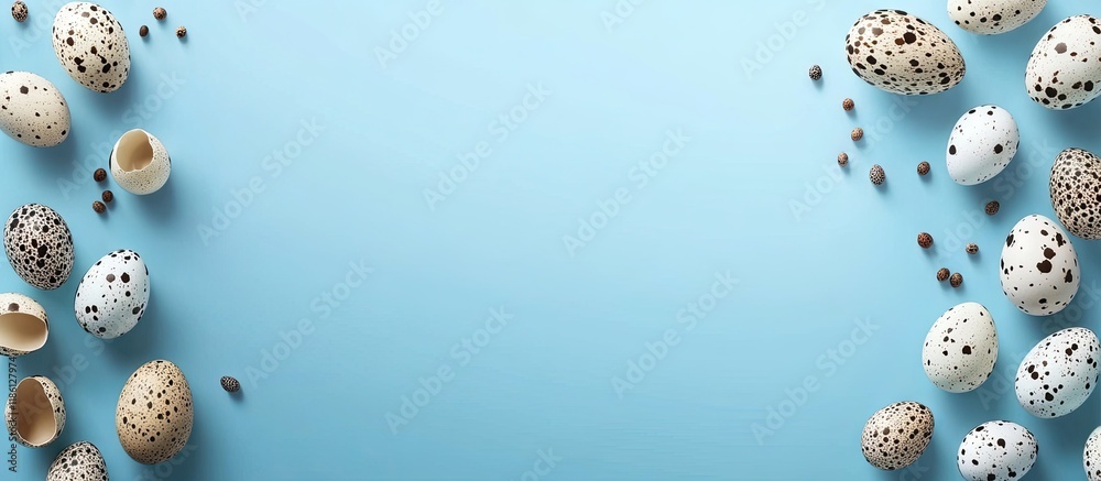 Aufkleber banner easter frame featuring quail eggs on a blue background minimalist concept top view card with 