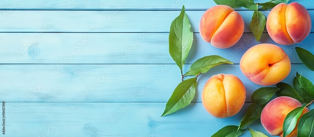 Poster ripe peaches and green leaves on a light blue wooden table arranged in a flat lay banner design feat