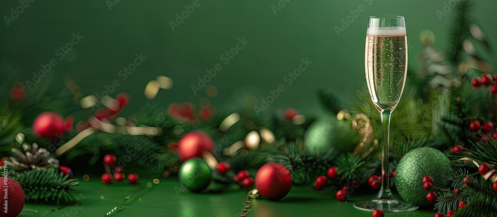 Poster champagne glass with holiday decorations on a green background. with copy space image. place for add