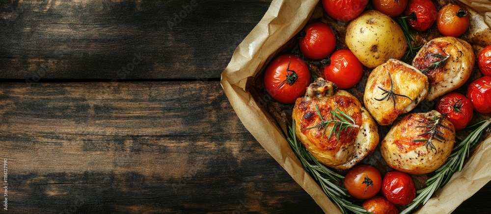 Leinwandbilder vintage image of baked potatoes with chicken tomatoes and rosemary. with copy space image. place for