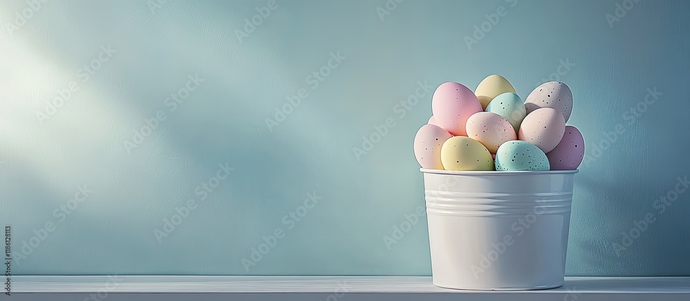 Leinwandbilder Easter still life featuring Easter eggs Easter eggs in a white container Easter greeting card. with copy space image. Place for adding text or design