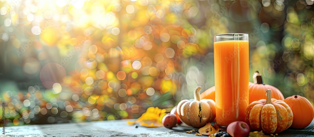 Leinwandbilder Close up view of an organic orange smoothie alongside fresh fruits and a pumpkin on a table. with copy space image. Place for adding text or design