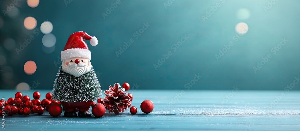Poster Merry Christmas greeting card featuring a Santa Claus toy Christmas tree and red garland against a blue background in macro. with copy space image. Place for adding text or design