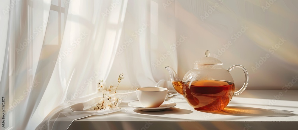 Poster background concept for tea time featuring a tea jug and cup on a table set against a white backdrop 