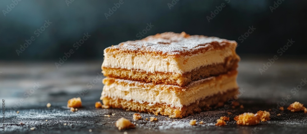 Aufkleber closeup of delicious napoleon cake pieces on a table space for text. with copy space image. place fo