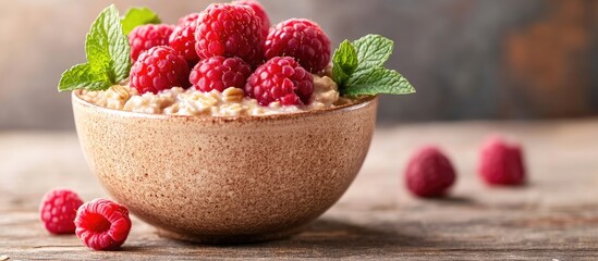 Oatmeal with fresh raspberries makes for a nutritious breakfast featuring oatmeal porridge in a...