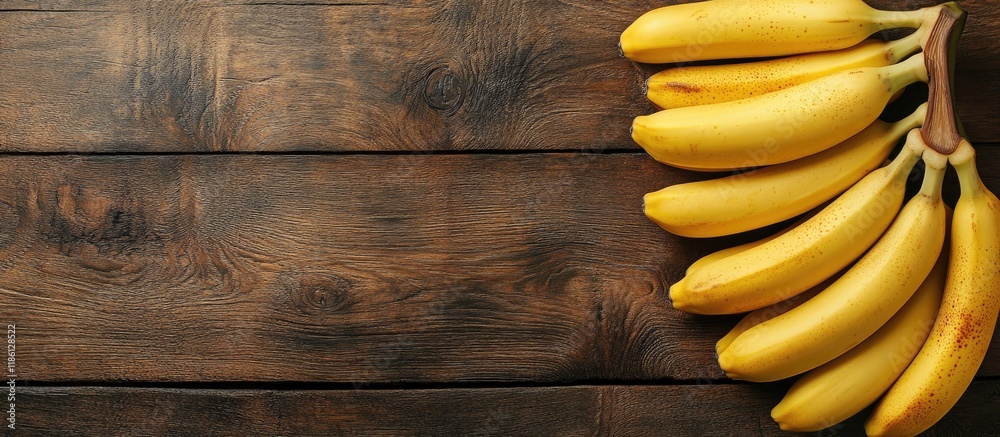 Poster Yellow ripe bananas are arranged as a border for text on a wooden textured background top view. with copy space image. Place for adding text or design