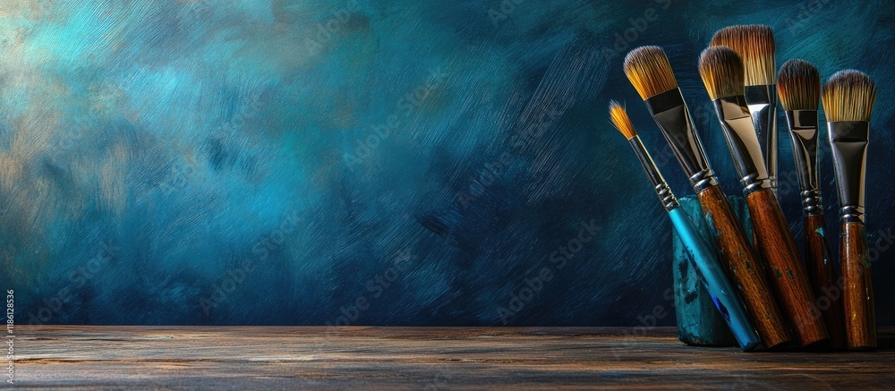 Poster artist brushes are placed on a wooden board with the artist s working environment serving as the bac