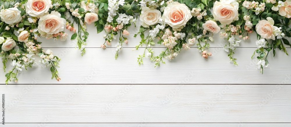 Aufkleber Top view of wedding blooms on a white wooden background. with copy space image. Place for adding text or design