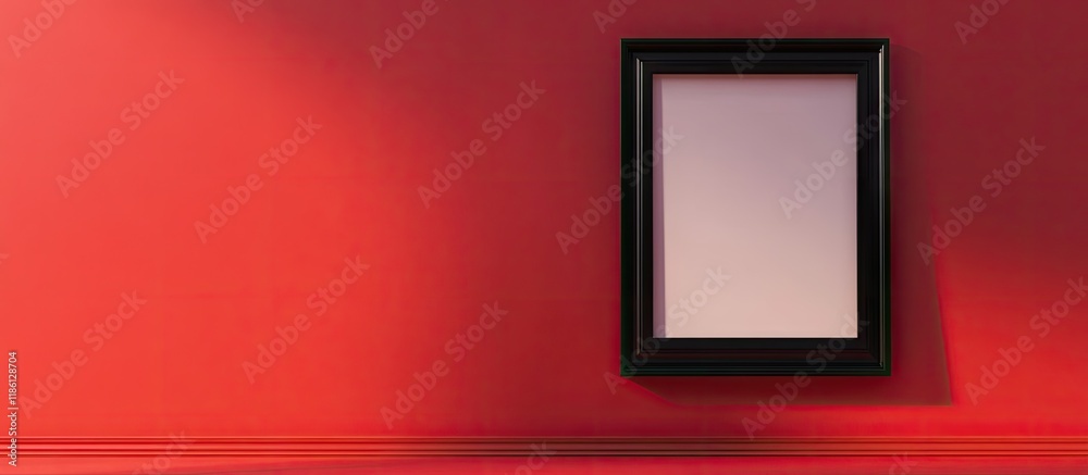 Fototapete An empty black picture frame in an abstract arrangement set against a solid bright red wall. with copy space image. Place for adding text or design