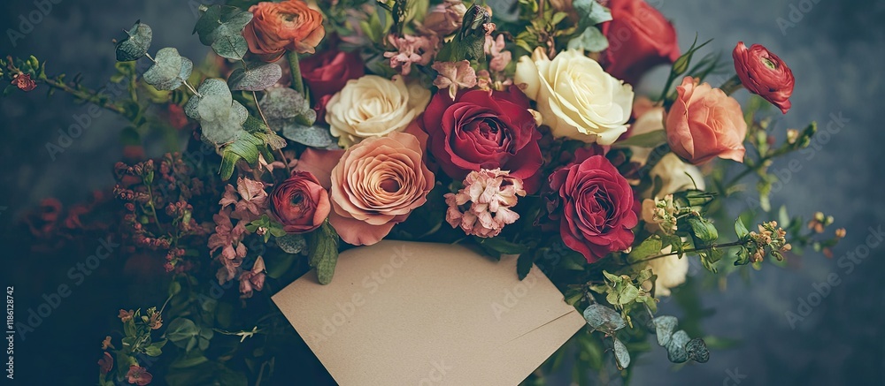 Fototapete a lovely arrangement of flowers and an envelope. with copy space image. place for adding text or des