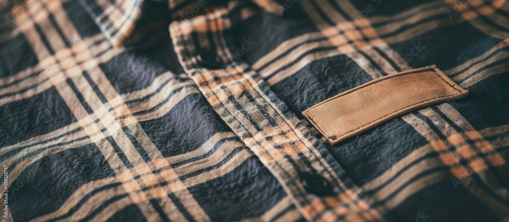 Aufkleber blank clothing label on a checkered shirt seen from above. with copy space image. place for adding t