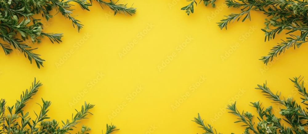 Fototapete circular frame created from four gorse hedging branches arranged in a flat lay on a vibrant yellow b