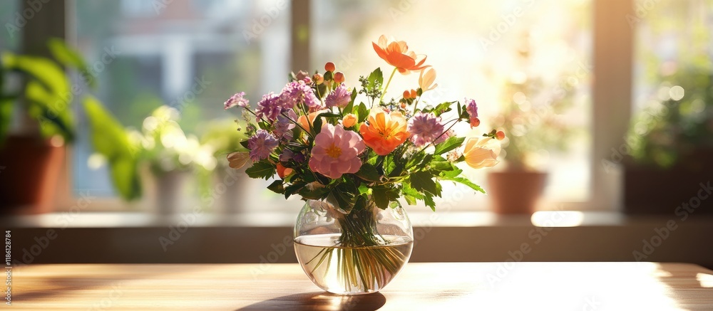 Poster A vibrant flower bouquet in a glass vase on a workspace table either at home or in an office with sunlight streaming through the window creating a cozy atmosphere copy space