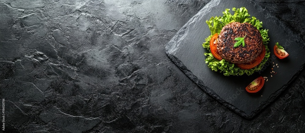 Aufkleber slate plate with a black burger on the table area for text. with copy space image. place for adding 
