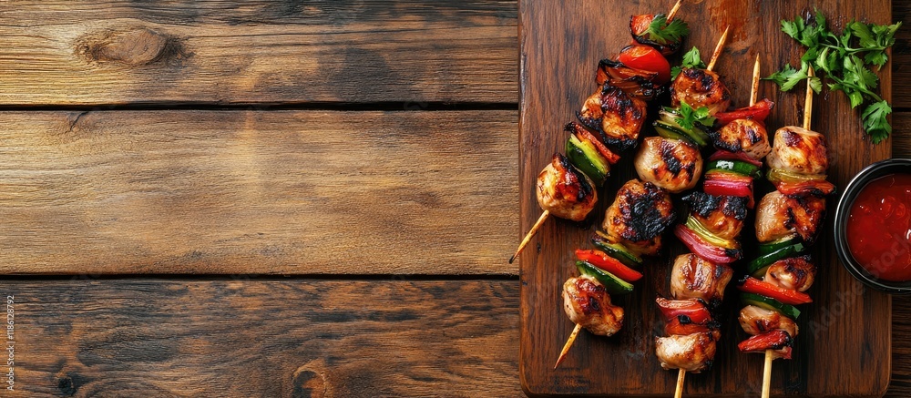 Poster tasty chicken shish kebabs with vegetables and sauce on a wooden table top view copyspace available