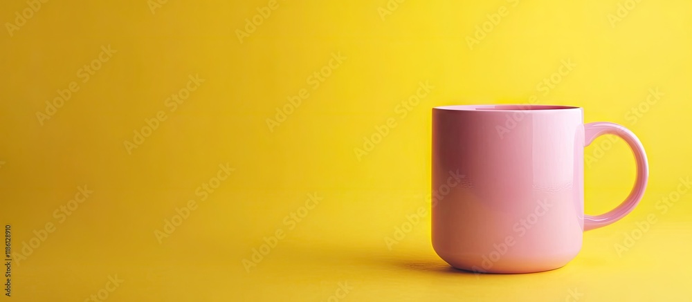 Aufkleber pink mug on a yellow background breakfast in the morning porcelain design. with copy space image. pl