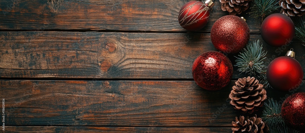 Leinwandbilder red christmas ornaments and pine cones on the wooden table top view. with copy space image. place fo