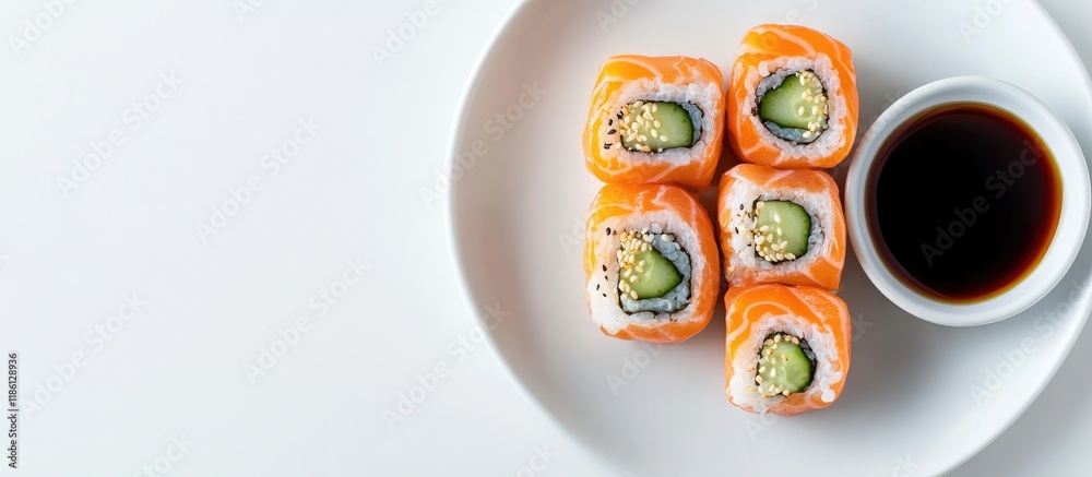 Leinwandbilder Philadelphia rolls feature salmon cucumber and cheese on a plate with soy sauce set against a white background Top view flat lay Minimal concept. with copy space image