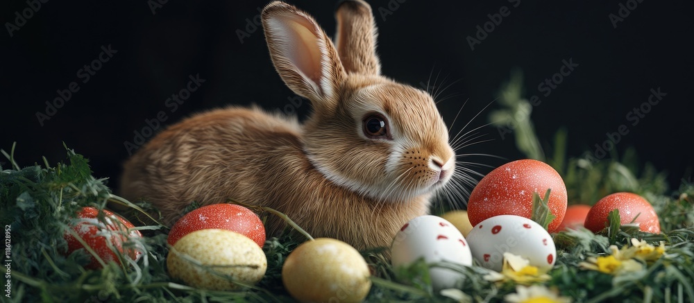 Fototapete easter decor featuring a rabbit and eggs. with copy space image. place for adding text or design