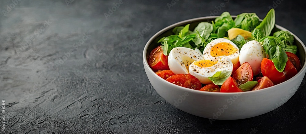 Aufkleber mozzarella tomatoes salad bowl green egg dish. with copy space image. place for adding text or desig