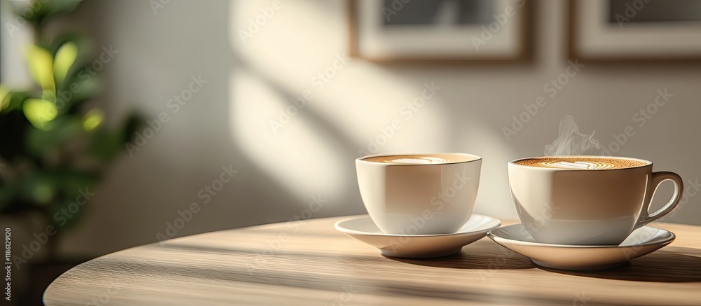 Poster Two delightful cups of coffee sit on the table. with copy space image. Place for adding text or design