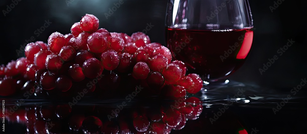 Poster Red wine and a cluster of grapes on a reflective black surface Selective focus. with copy space image. Place for adding text or design
