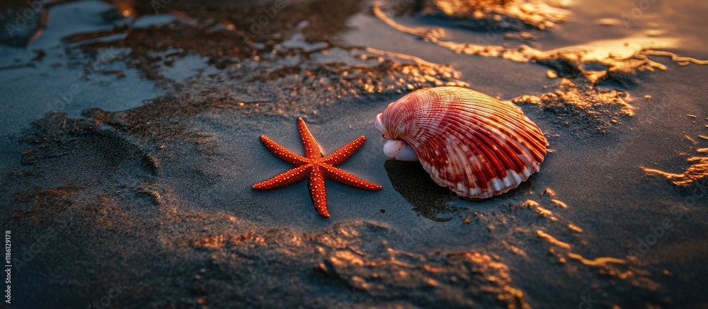 Poster red seashell and starfish. with copy space image. Place for adding text or design