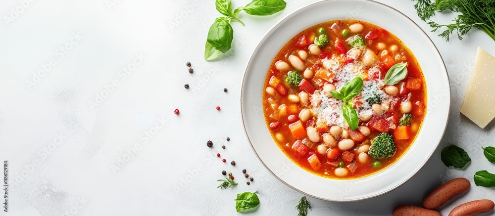 Aufkleber Minestrone featuring vegetables beans pasta bacon and parmesan cheese on a plate. with copy space image. Place for adding text or design
