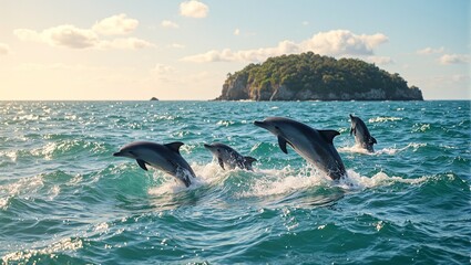 Fototapeta premium Mesmerizing image of dolphins jumping in turquoise waters under a golden sun with a lush island in the distance