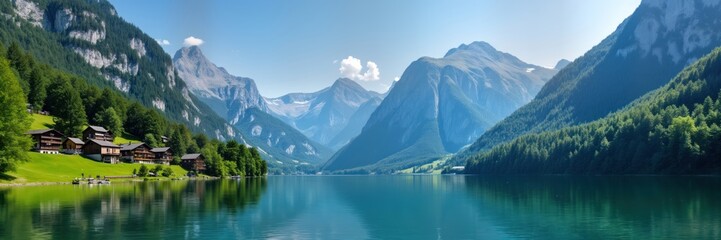 Obraz premium Swiss Alps scenery. Lakeside chalet nestled in green landscape. Calm water mirrors mountain peaks. Sunny day. Tranquil holiday view. Swiss vacation destination. Scenic resort. Peaceful summer day.