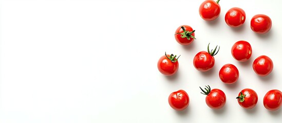 Fototapeta premium Cherry tomatoes are isolated on a white background Flat lay idea. with copy space image. Place for adding text or design