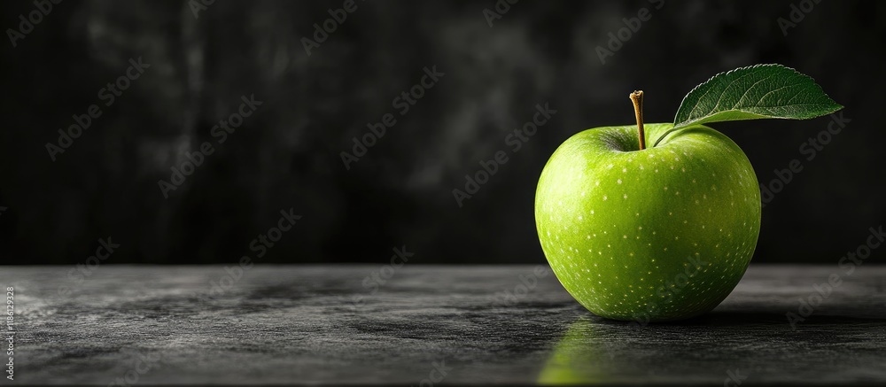 Poster green apple isolated on a black background above a wooden table with copy space