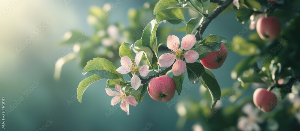 Poster close up of an apple tree s branches and flowers copy space