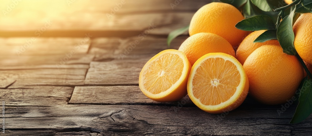 Leinwandbilder fresh organic oranges on a wooden table close up. with copy space image. place for adding text or de