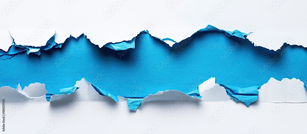 Poster Torn blue paper with a white background featuring space for text Flatlay concept. with copy space image. Place for adding text or design