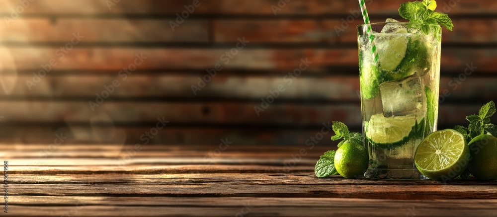 Leinwandbilder Mojito cocktail or soda beverage featuring lime and mint set against a wooden background High quality image. with copy space image. Place for adding text or design